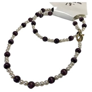 White Vintage Pearl Bead and Dark Purple Catseye Beads 18 Inch Necklace