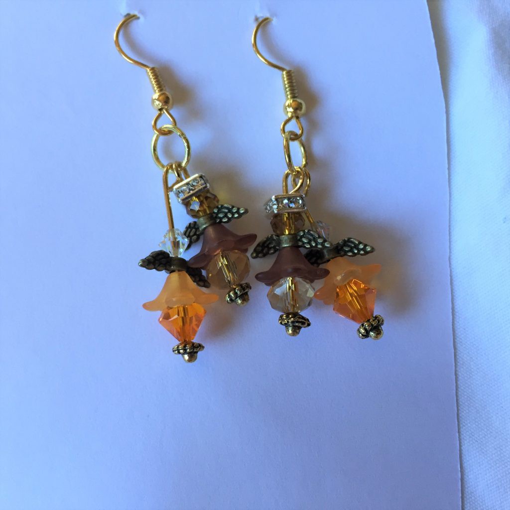 Orange and Brown Crystals and Flowers Angel Wing Earrings SWC Online