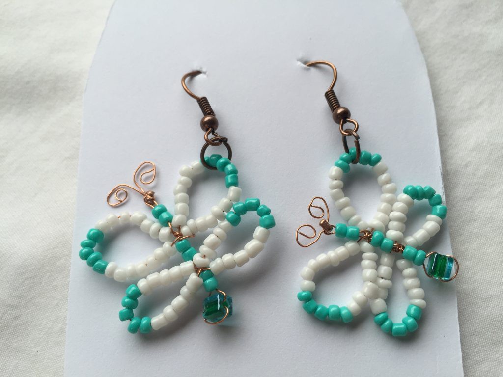 White and Turquoise Seed Bead Butterfly Earrings SWC Online Store