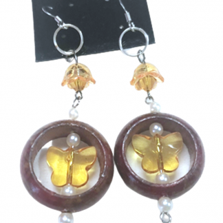 Handcrafted Orange Crystal Butterfly Pearl Bead and Flower in Red and Brown Wooden Ring Earrings