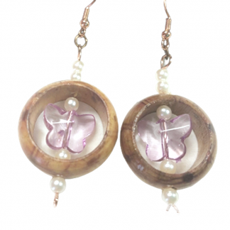 Handcrafted Pink Crystal Butterfly Pearl Bead in Blond and Brown Wooden Ring Earrings