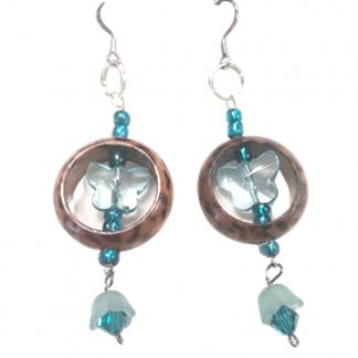 Handcrafted Teal Crystal Butterfly Teal Bead in Brown and Blond Wooden Ring Earrings