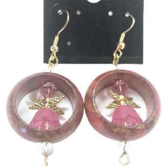 Handcrafted Pink Crystals Flowers and Clear Beaded Fairy in Brown and Red Wooden Ring Earrings