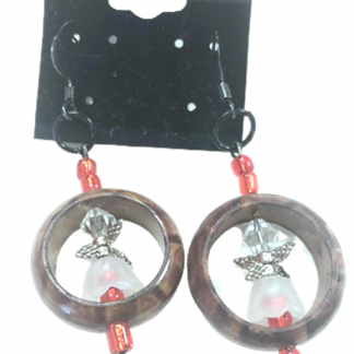 Handcrafted Clear Crystals White Flowers and Red Beaded Fairy in Brown and Beige Wooden Ring Earrings