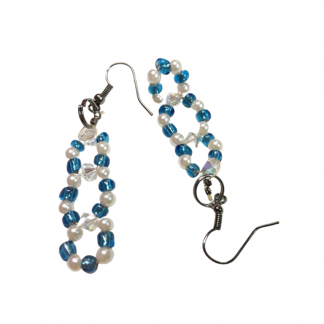 Handcrafted Teal and White Pearls Circular Beaded Earrings
