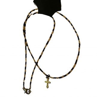 Handcrafted Yellow and Black Seed Bead Necklace with Cross Charm