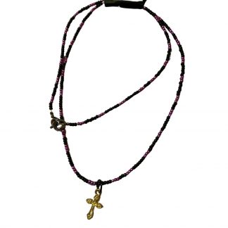 Handcrafted Purple and Black Seed Bead Necklace with Cross Charm